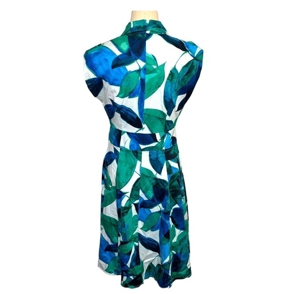 Jones New York Fit Flare Midi Dress Sz 4 Blue Green White Tropical Button Front - Picture 3 of 11
